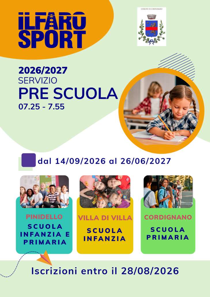 Promotional poster for Il Faro Sport: 2026/2027 pre-school service with a child writing and colorful program cards.