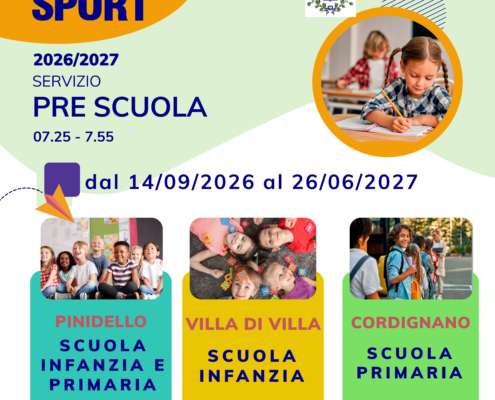 Poster promozionale Il Farù Sport 2026/2027 con date 14/09/2026–26/06/2027 e foto di bambini in aula; mostra nomi delle scuole.