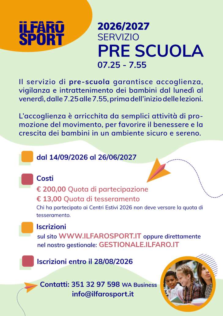 Volantino in italiano su servizio pre-scuola 2026/2027, costi e iscrizioni, grafica verde/arancione.